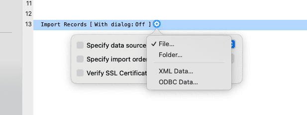 FileMaker's Import XML menu option showing the Records menu with XML format selected