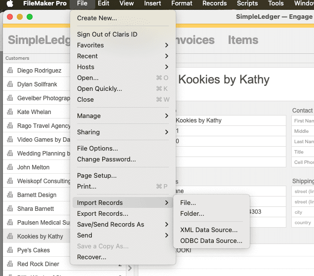 FileMaker Pro File menu showing the Import Records option with XML Data Source selected