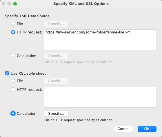 FileMaker's Import XML dialog window showing source and target mapping options